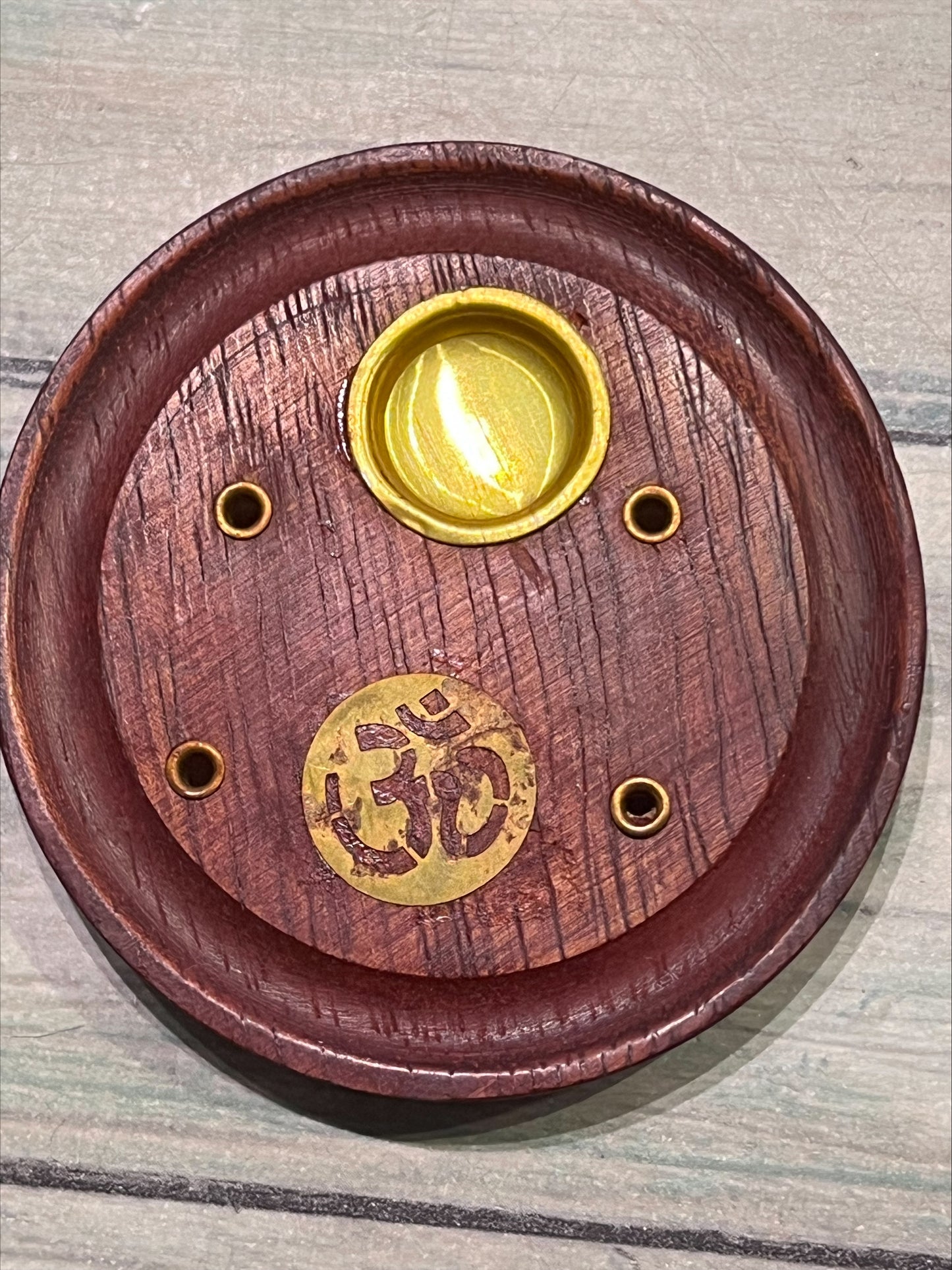 Circular Wooden Incense Catcher - Om Design