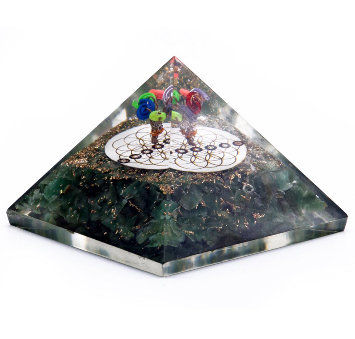 Organite Pyramid- Green Aventurine and Flower of Life- 70mm