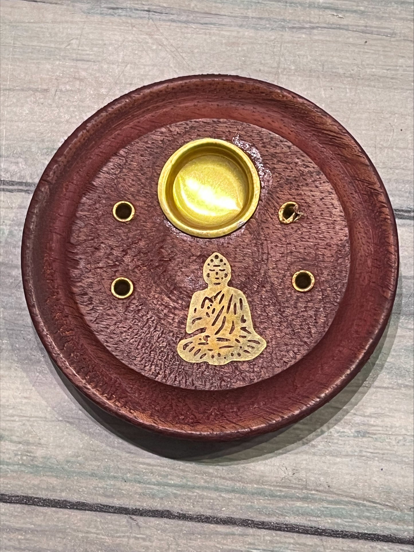 Circular Wooden Incense Catcher - Buddha