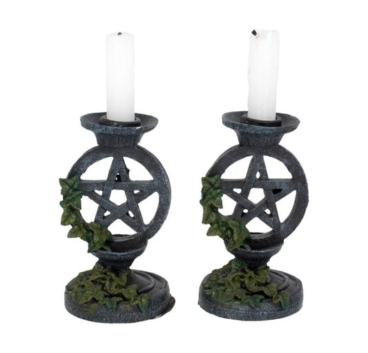 Aged Pentegram Candlesticks 13.4cm