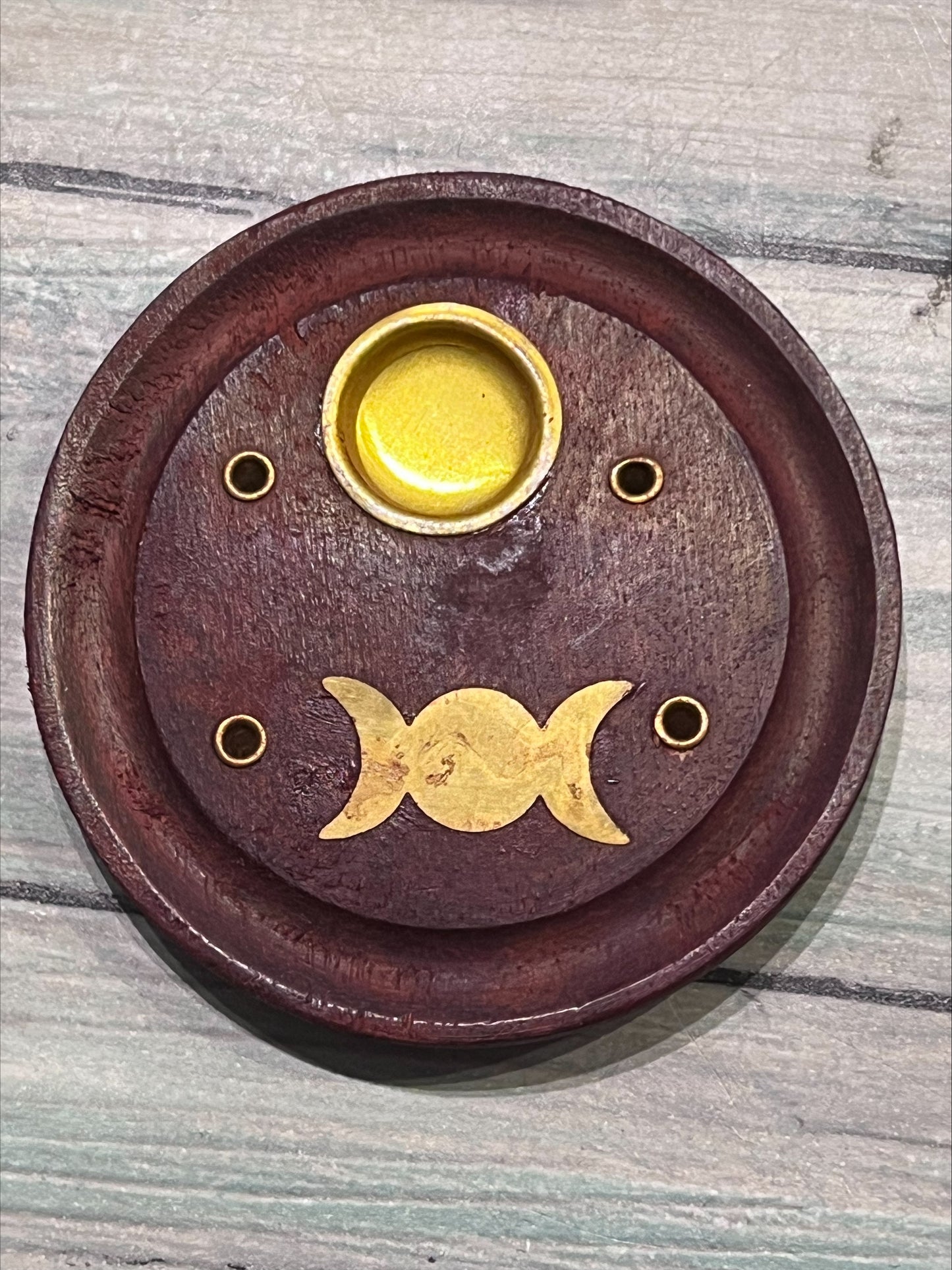 Circular Wooden Incense Catcher - Triple Moon