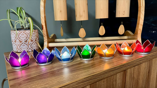 Mini Lotus Chakra Tea-Light Holders (Set of 7) - With Silver Trim