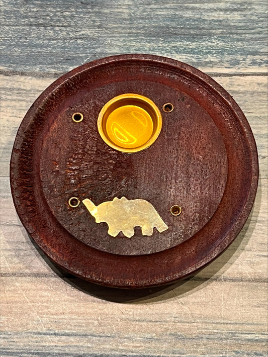 Circular Wooden Incense Catcher with Elephant
