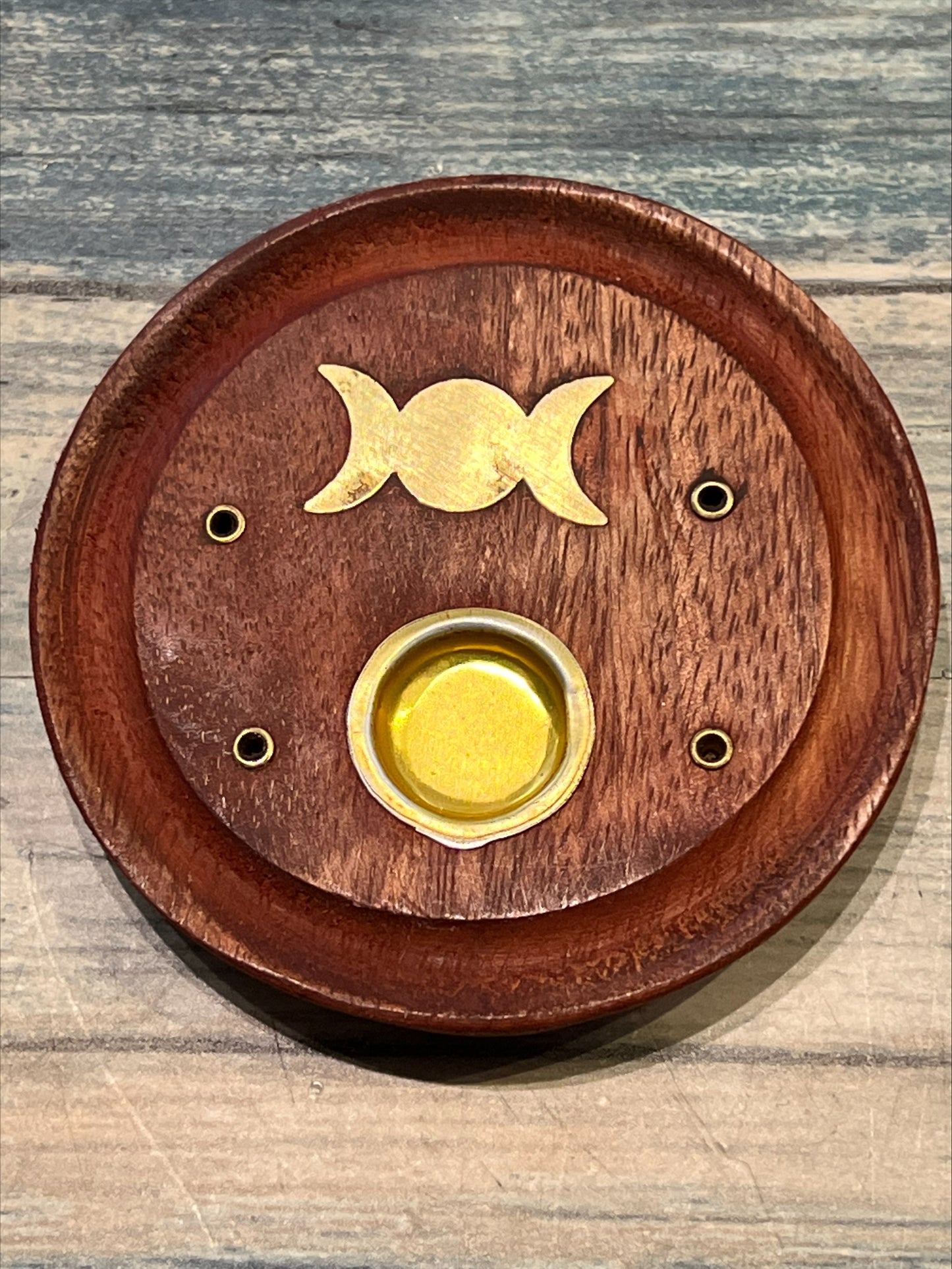 Circular Wooden Incense Catcher with Triple Moon