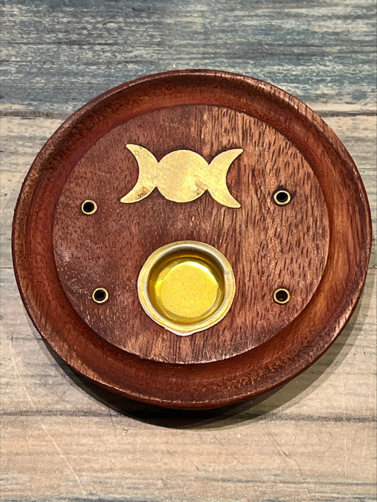 Circular Wooden Incense Catcher with Triple Moon