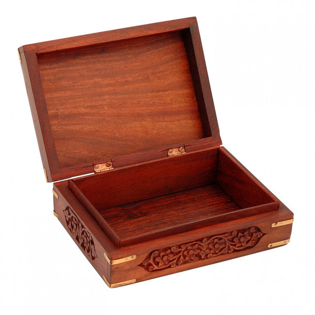 Ornate Wooden Box with Brass Corners
