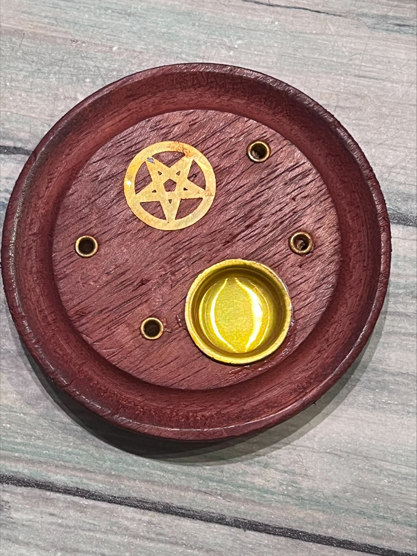 Circular Wooden Incense Catcher  - Pentagram