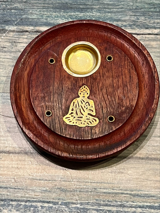Circular Wooden Incense Catcher with Buddha Symbol