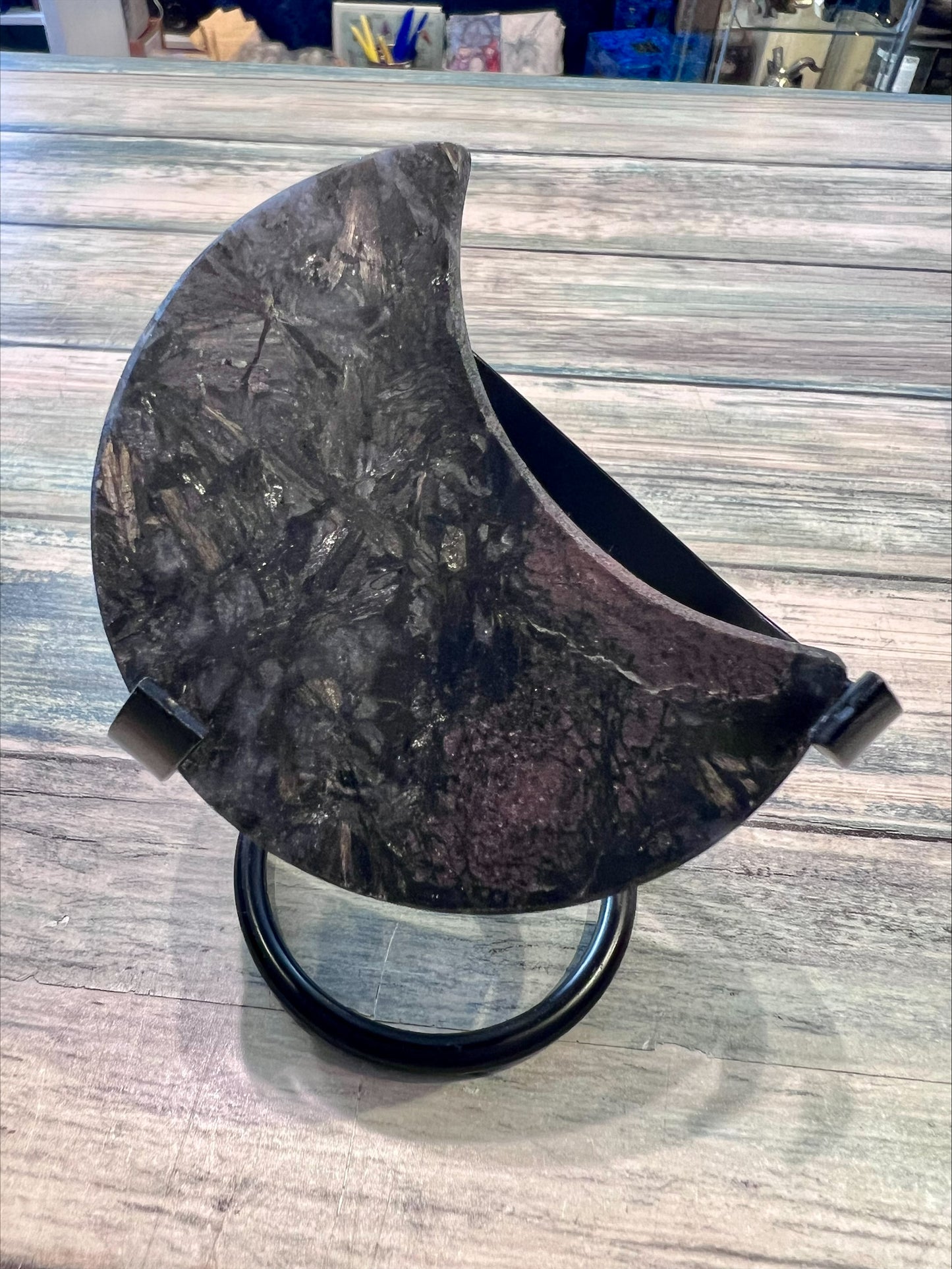 Garnet in Arfvedsonite Crescent Moon with stand