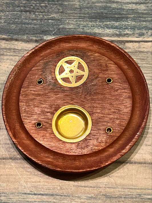 Circular wooden pentagram incense catcher.