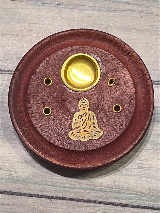 Circular Wooden Incense Catcher - Buddha