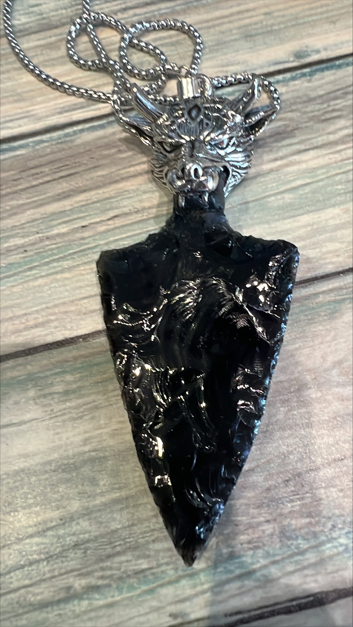 Obsidian Arrowhead Wolf Necklace